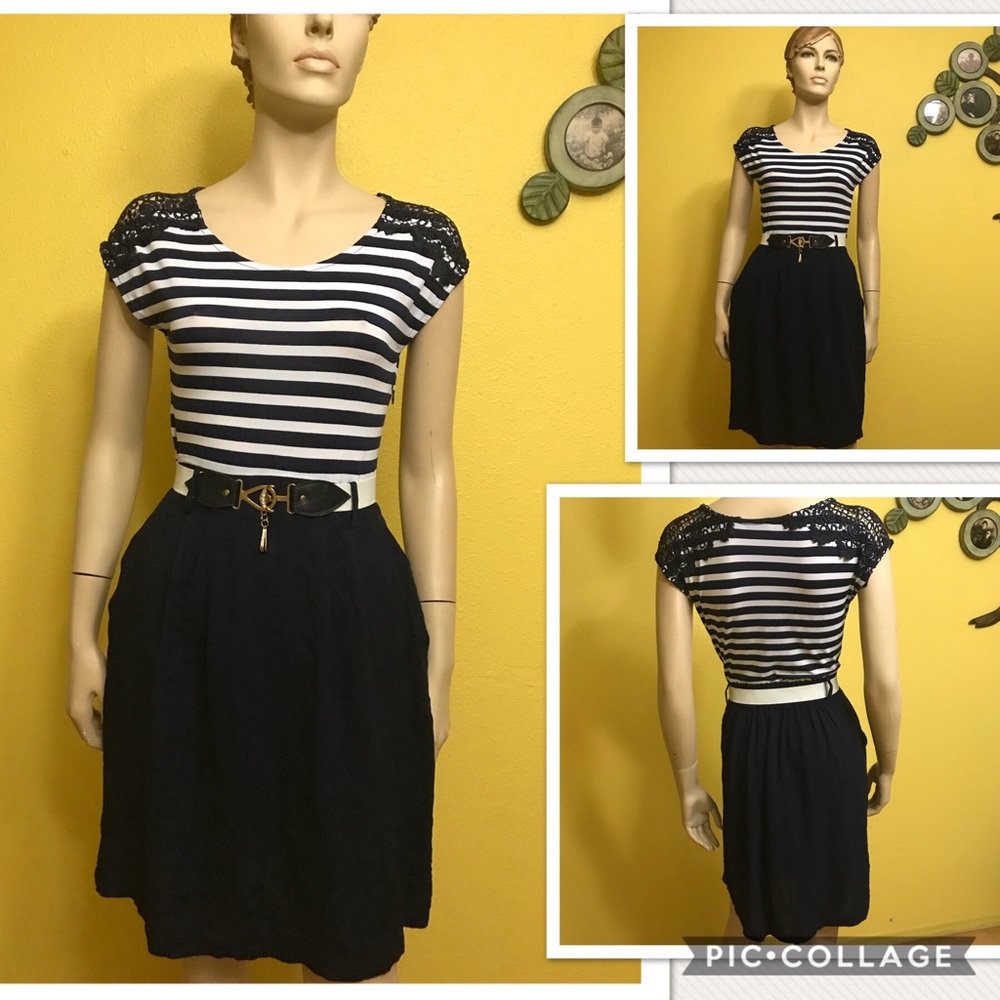 NWT Navy/White Striped Top/Solid Skirt Scoop Neck Sleeveless Belted Lace Dress
